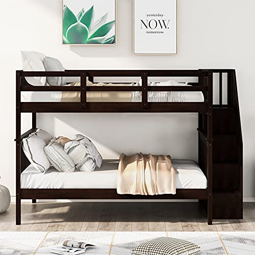 Full Over Full Bunk Bed with Stairs, Solid Wood Bunk Bed with Storage