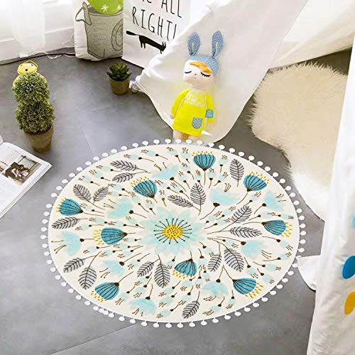 Uphome Round Rug for Bedroom 3' Circle Cute Bathroom Rugs with Pom Poms