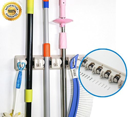 Living Express -Wall Mounted Organizer-ABS Mop and broom Holder Rack with 5 Ball Slots and 6 Hooks Holds up to 11 Tools