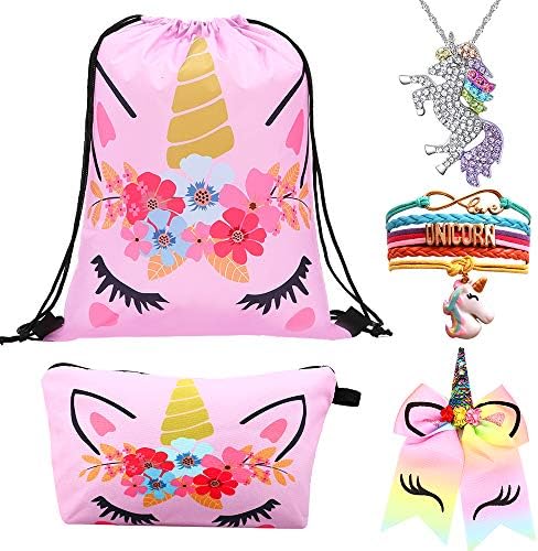 Unicorn Gifts for Girls 5 Pack, Unicorn Drawstring Backpack/Makeup Bag/Unicorn Pendant Necklace/Bracelet/Unicorn Ring