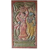Antique Hand Carved Radha Krishna Divine Love Wall Art Artisan Handcrafted Panel Teak Wood Wall Hanging