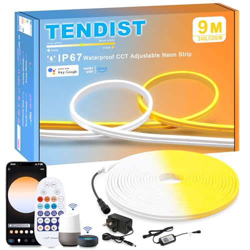 TENDIST Neon Rope Light, IP67 Outdoor LED Strip Lights Waterproof Dimmable Warm White 3000K Cool White 6500K Flexible Strip Light Alexa Compatible, 24V WiFi Neon Flex for Outdoor Decor (9M)