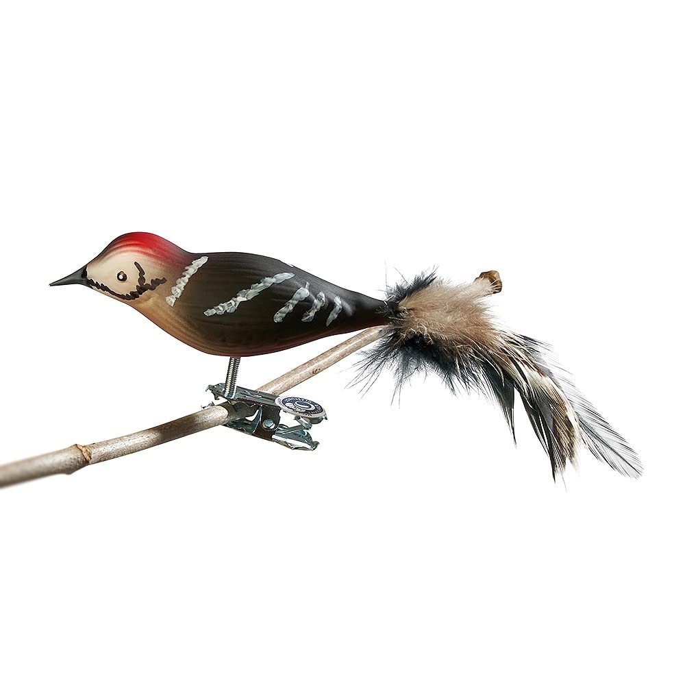 Birds of Glass® Glass Bird, Spotted Woodpecker with Natural Feather, Glass Decoration Made in Germany from our Own Production, Decorative Bird with Clip, Glass Bird, Real Lauscha Christmas Tree