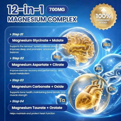 Magnesium 700mg | Magnesium Complex 12 in 1 (Glycinate, Citrate, Malate) | High Absorption Formula | Supports Muscle Stress, Heart & Bones | 90 Capsules
