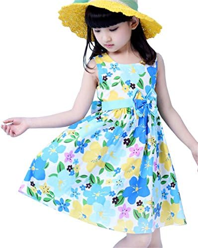 Lymnshi Girls Summer Sleeveless Flower Print Casual Dress with Bowknot 2-6 Years Blue 120