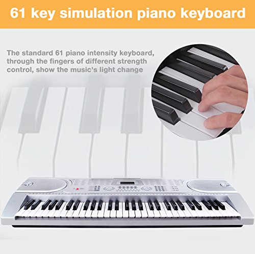 LAGRIMA 61 key Portable Electric Piano Keyboard, Include LED Display, USB/Headphones/MP3 Input, Music Stand, Power Supply and Microphone, Suit for Kids(Over 8 Years Old) Teen Adult Beginners, Silver
