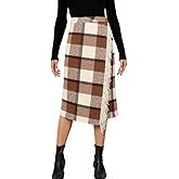 Tanming Womens Plaid Fringed Midi Skirt A Line Warm Wool Wrap Skirt Fall Winter Tartan Dress