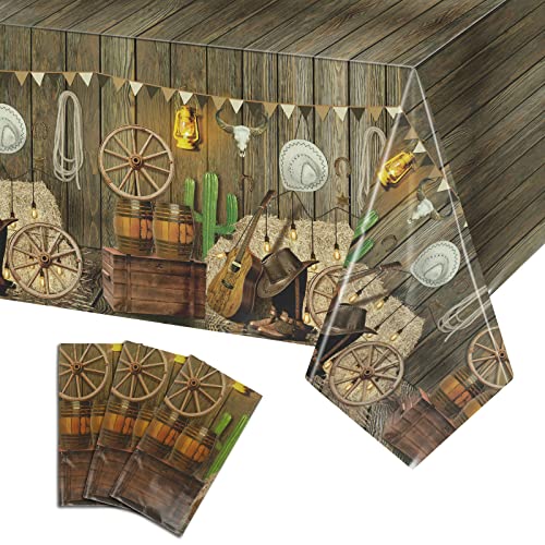 Western Tablecloth Cowboy Party Table Cover - Wild West Decor Plastic Wooden House Barn Door Tablecloth for Baby Shower Birthday Party Supplies (3 Pack)