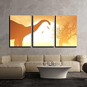3 Piece Canvas Wall Art - Dinosaurs in a Prehistoric Sunset Sunrise with Dried Trees in an Endless Desert 3D Artwork - Modern Home Art Stretched and Framed Ready to Hang - 16"x24"x3 Panels