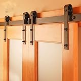 Hahaemall 16FT /192" Classic Indoor Double Sliding Barn Door Hardware Rolling Track Heavy Duty Metal Folding Set(Black)( J- Shape Hangers)