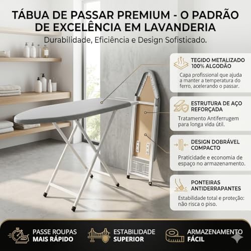 Mesa de Passar Roupa Suprema Dobrável com Porta-Ferro, Altura Ajustável e Estrutura Reforçada, Tábua de Passar Roupa Extra Grande Preto/Chumbo Metalizado Suprema Extra