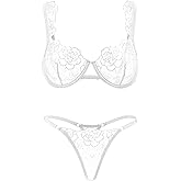 Lilosy Women Sexy Floral Embroidered Mesh Sheer Underwire Push Up Lingerie Set