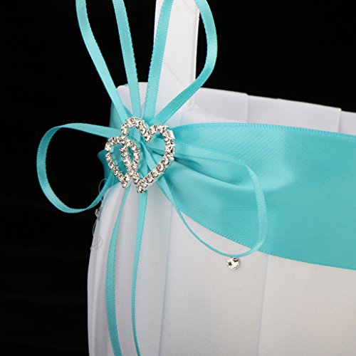 Homyl 1 Set Rhinestone Double Heart Flower Girl Basket and Ring Cushion Set White