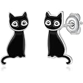Black Cat Earrings for Women 925 Sterling Silver Black Cat Stud Earrings Black Cat Jewelry Halloween Gifts for Women
