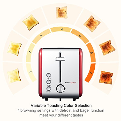 Bonsenkitchen 2 Slice Red Toaster, Extra Wide Slot 5.5''*1.4'' for