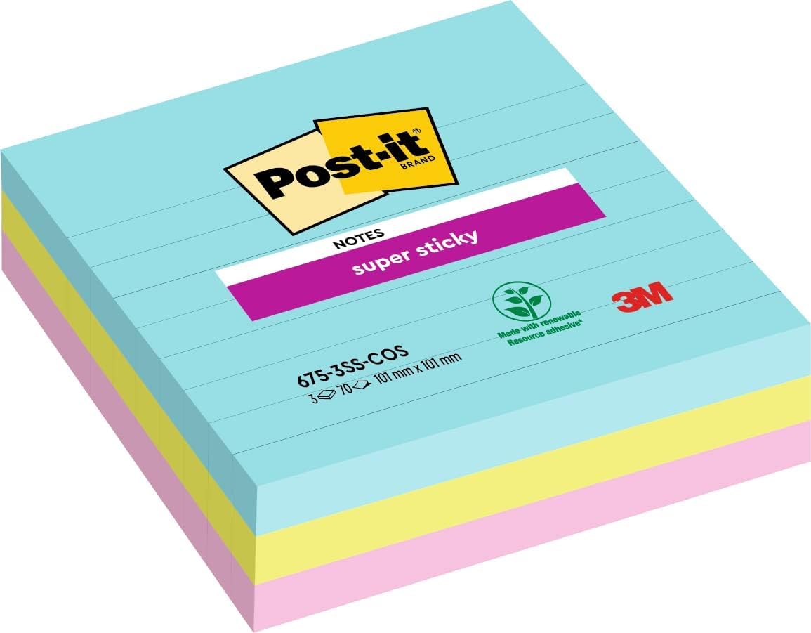 Post-it Super Sticky Large Notes, Lined, 270 Sheets, Pack of 3 Pads, 101 mm x 101 mm - Holds Strong to Many Surfaces - Bright Colours - for Walls, Monitors and Fridge, Recycable