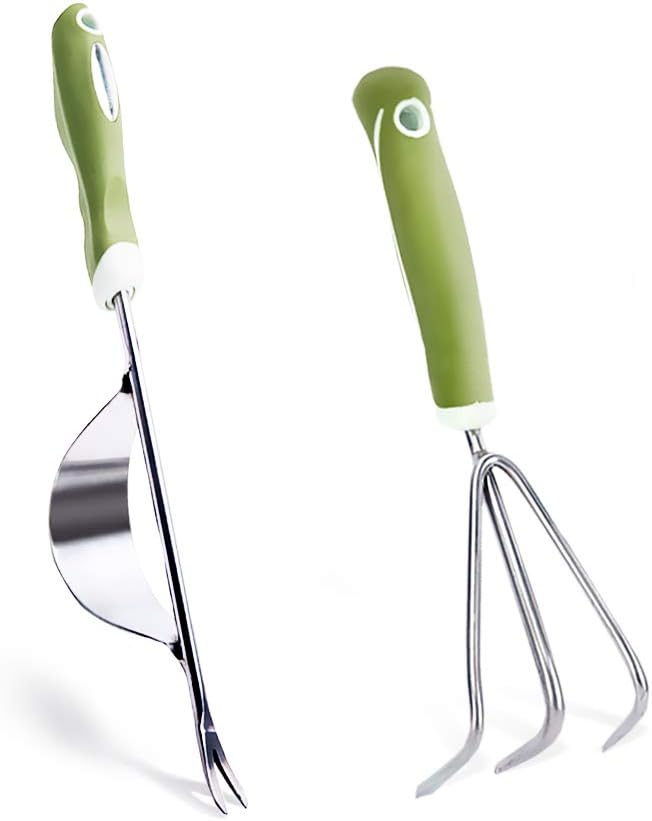 Solution4Patio Garden Tool Set, Bend-Proof, 2 Piece Manual Weed Puller and Small Hand Cultivator, Stainless Steel, PP & TPR Ergonomic Soft Handle Non-Slip Weeding Tool, Gardening Gift #2952+2007-US