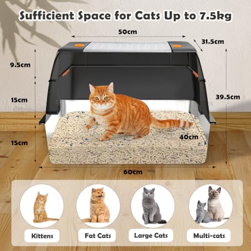 Vivifying Stainless Steel Cat Litter Tray, XXL High-Sided, Removable and Metal Enclosed Stainless Steel Cat Litter Box with Lid with Scoop, Steps and Mat (Black)