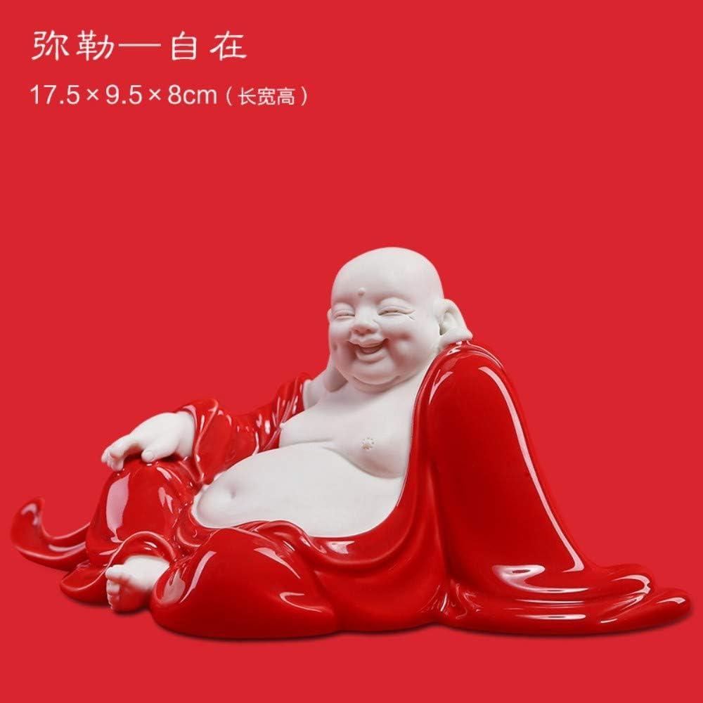 Small Laughing Buddha Statue For Good Luck Wealth And Happiness,Chinese Red Ceramic Big Belly Sitting Maitreya Figurine For Zen Meditation,Handmade Sculpture Ornamentfor Home Desk Decor