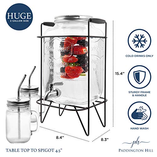 2 gallon glass drink dispenser with stand and 2 mason jars and