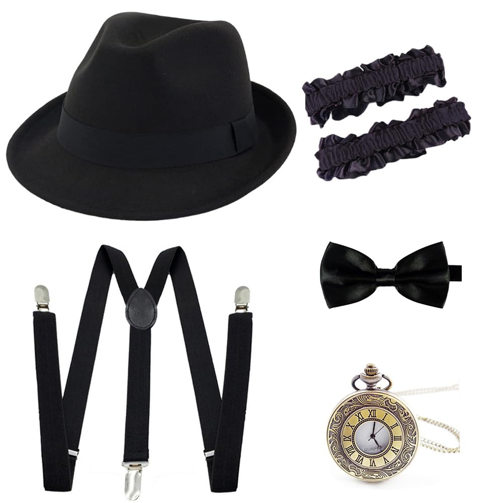 Photo 1 of Gionforsy 1920s Accessories for Men 20s Gatsby Gangster Costume Accessories Set Felt Fedora Panama Hat Roaring 20s Costume (Black)