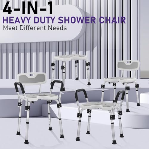KSITEX Shower Chair for Elderly U 6 Height Adjustable Stool Armrests, Aluminium Bathtub Chair with Non-Slip Seat for Indoor Shower, Non-Slip Safety up to 150 kg