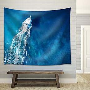 Amazing View to Yacht, Swimming Woman and Clear Water Caribbean Paradise - Fabric Wall Tapestry Home Decor - 51x60 inches