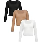 RoseSeek Girl's 3 Pack Long Sleeve T Shirt Square Neck Slim Fit Basic Tee Tops Soft Fall Tops