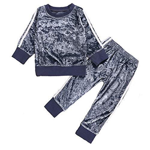 1-6Y Girls Velvet Sweatshirt Tops + Pants Fashion Sports Tracksuit Clothes Set (1-2T, Blue)
