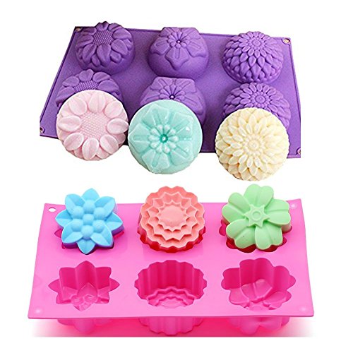 Kakasogo 2 PCS 6 Cavity Assorted Flower Shapes Silicone Soap Mold for Handmade DIY Cake Chocolate Cupcake Biscuit Bath Bomb Bread Muffin Candle Ice Cube Making Mould Tool Set(Pink and Purple)