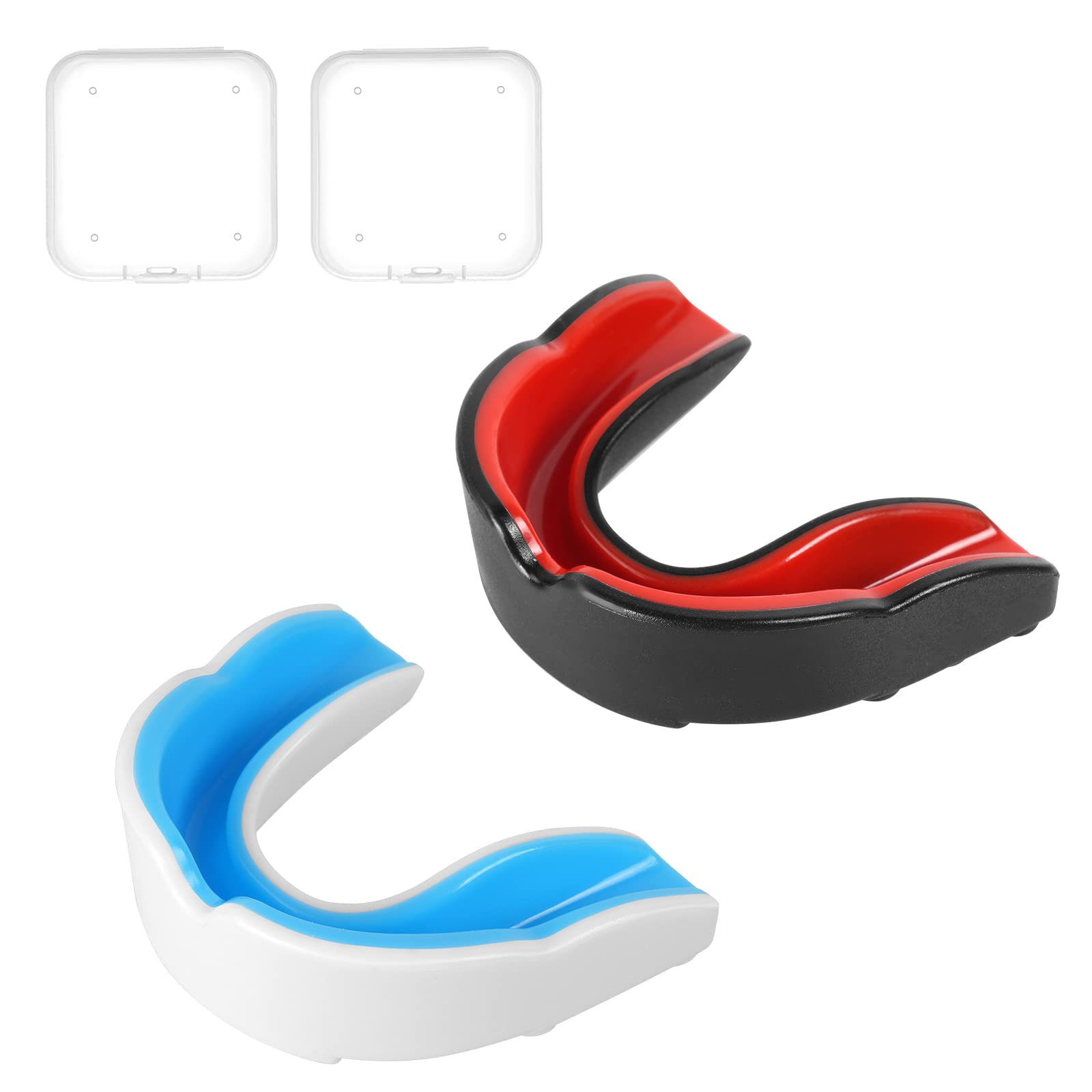 Flintronic 2 Pcs Adult Sports Mouthguard Gum Shield with Case, for Rugby Boxing Martial Arts Hockey MMA Karate Taekwondo and Other Contact Sports (Black Red + White Blue)