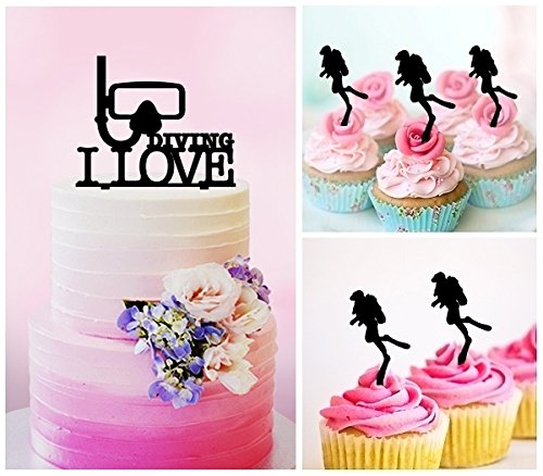 TC0123 I Love Diving Snorkel Party Wedding Birthday Acrylic Cake Topper Cupcake Toppers Decor Set 11 pcs