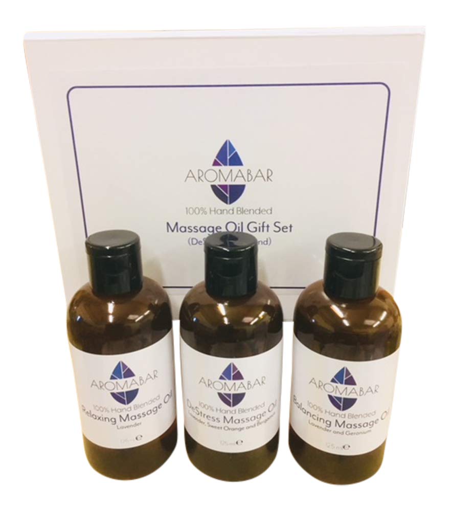 Relaxing Massage Oil Gift Set (3 x 125ml) Lavender, De-Stress and Balancing oils Boxed