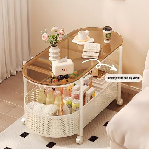 ALISMAEEL Coffee Table Movable Round Side Table 2-Tier End Table with Braked Universal Wheels, Open Double-Layer Storage Scratch-resistant High-temperature, Easy-to-clean Glass (60 * 40 * 50 cm)