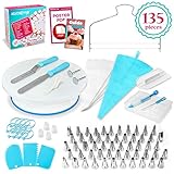 135-Piece Premium Cake Decorating Supplies Kit - Includes Cake Turntable Stand, 55 Numbered Icing Tips, 4 Piping Couplers, 1 Silicone Pastry Bag, 50 Disposable Pastry Bags & Many More Decorating Tools