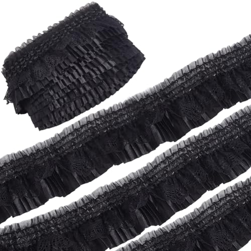 CABODYALS 9.14M 75mm Black Satin Ruffled Lace Trim Vintage Elastic Layered Floral Edge Pleated Gathered Soft Fabric Mesh Applique Wide Ribbon for Sewing Making Bridal Wedding Decor Accessories Crafts