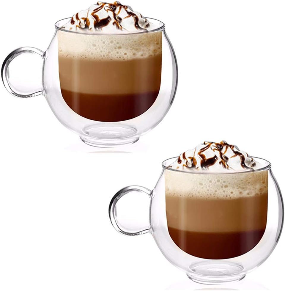 GooDoi Double Wall Coffee Cups Glasses with Handle - Insulated Cappuccino Thermo Glasses Espresso Glass Latte Macchiato Glass Cups - 300ml/10 oz, Set of 2 (Not Included Saucer and Spoon)