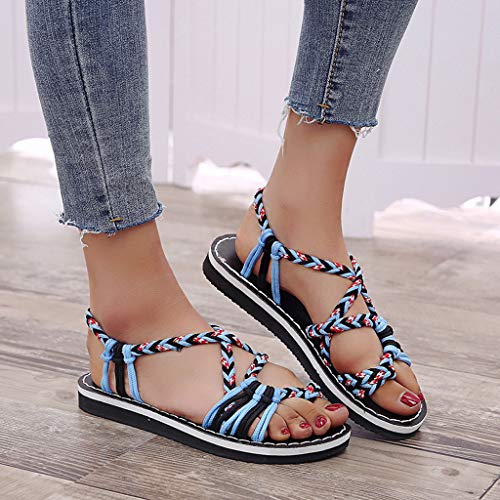 Flat Sandals for Women Braided Strap Beach Shoes,Women's Flat Sandals,Flip Flop,Beach Hiking Sandals (Blue -1, US:5.5)