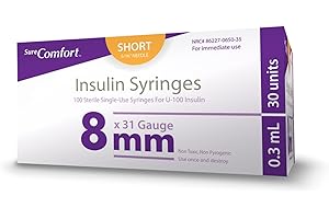 SureComfort U-100 Insulin Syringes 31G x 5/16" 3/10cc (8 mm), For Diabetes Care, Box of 100