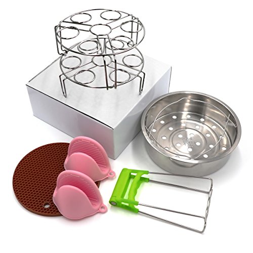 Steamer Basket Rack Set for Instant Pot Accessories - Include Steam Basket, 2-Pack Stackable Egg Steam Stand, Plate Gripper, Silicone Potholder Mat, Pair of Mini Mitts for Pressure Cooker Accessories - Thumbnail 7