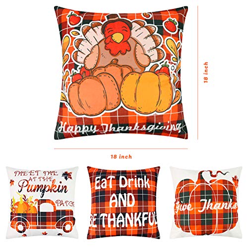 Johouse Thanksgiving Pillow Covers, 4PCS Fall Throw Pillow Covers Pumpkin Buffalo Plaid Throw Pillow Case Autumn Pillow Covers for Autumn Farm Decoration, 18×18inch