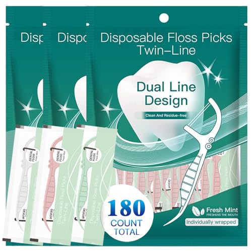 Dental Flosser Sticks Set, 180-Count Disposable Flossers Individually wrapped, mint-flavored dual-strand floss combined with toothpick Portable flosser sticks for cleaning teeth（3/colors）