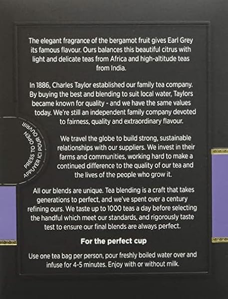TAYLORS OF HARROGATE EARL GREY, BLACK TEA, INDIVIDUALLY WRAPPED BAGS, 20 COUNT (PACK OF 1), FRAGRANT, DELICATE & LIGHT, CAFFEINATED, ENJOY HOT OR ICED, 20 TEABAGS
