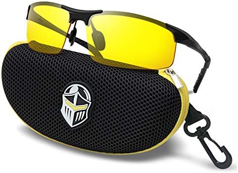 BLUPOND Night Driving Glasses - Semi Polarized Yellow Tint HD Vision Anti Glare Lens - Unbreakable Metal Frame with Car Clip Holder - Knight Visor