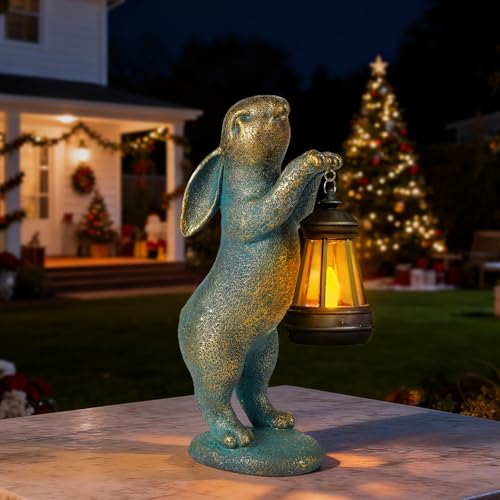 MININOVA Garden Statues Rabbit with Solar Lantern Resin Outdoor Bunny Figurines Decorations for Patio Yard Lawn Ornaments Gifts for Mother's Day Birthday Housewarming