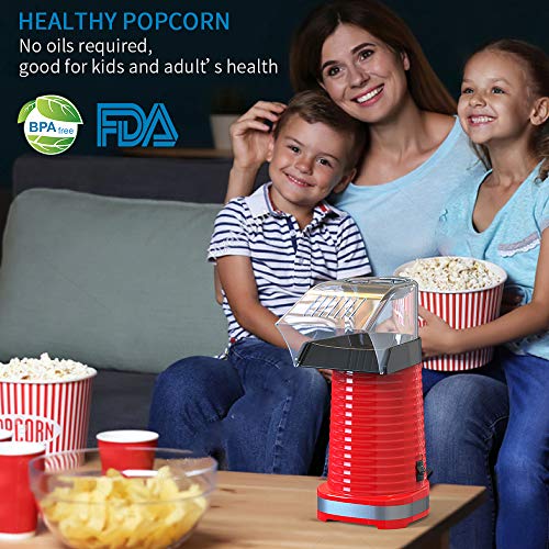 Hot Air Popcorn Maker, Popcorn Machine, 1200W Popcorn Popper with Measuring Cup and Removable Lid for Watching Movies and Holding Parties in Home, No Oil Needed Great For Kids, Red