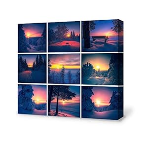 Canvas Wall Art Snow with Sunset Canvas Painting Wall Poster Decor for Living Room Wooden Framed Home Decorations - 12x12 inches