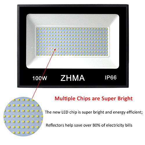 ZHMA 2 Pack 100W LED Flood Light, Super Bright Work Lights, 9000ml, 6500k White Light Bulbs, IP66 Waterproof Security Lamp with Plug, Floodlights Outdoor for Yard, Garden, Garage, Basketball Court
