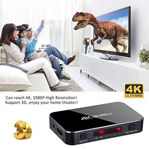 4K HDMI Switch Selector, 4 input 1 output 3D Support, ARC Audio Extractor, with Optical Toslink Audio Out for Home Theater / Multimedia Presentation / HDTV / DVD / PS3 / PS4 / STB / Bluray Player etc