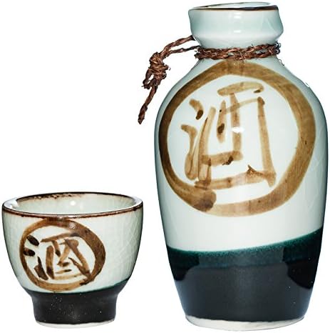 Japanese Sake Set, Sake-Kanji, a bottle”Tokkuri” and a cup”Ochoko”, set of 2